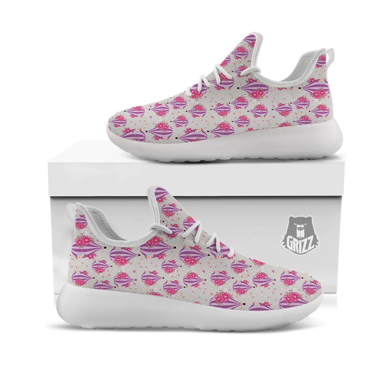 Hot Air Balloon Floral Print Pattern White Athletic Shoes-grizzshop