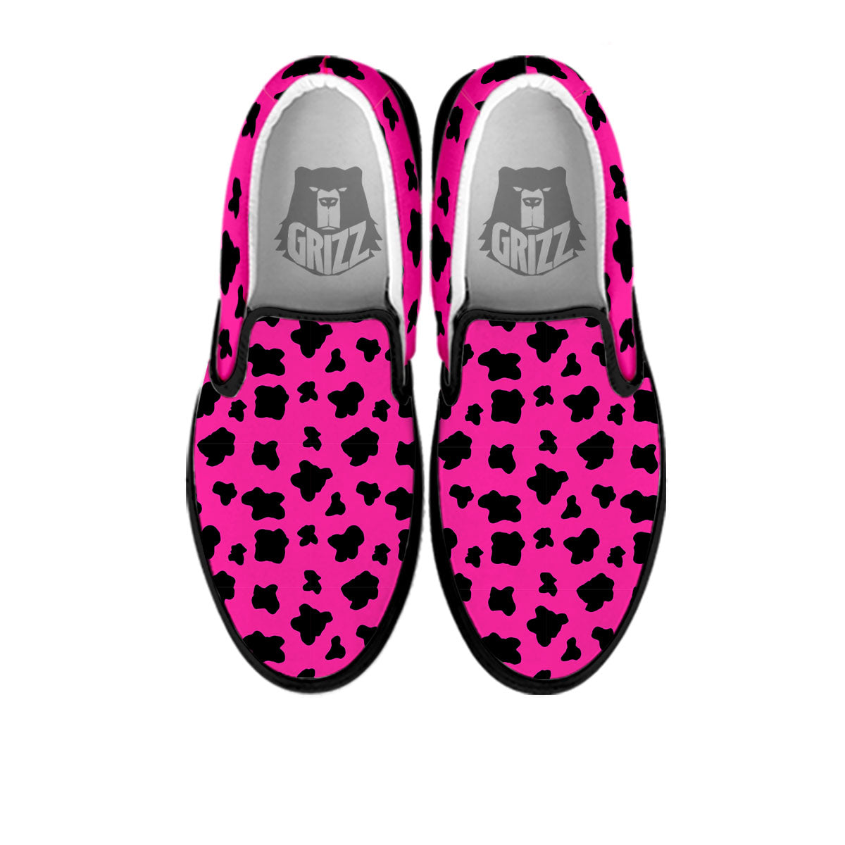 Hot Pink And Black Cow Print Black Slip On Shoes-grizzshop