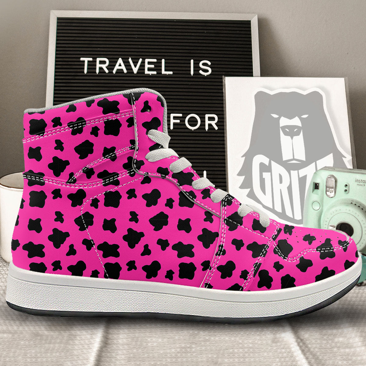Hot Pink And Black Cow Print High Top Sneakers-grizzshop