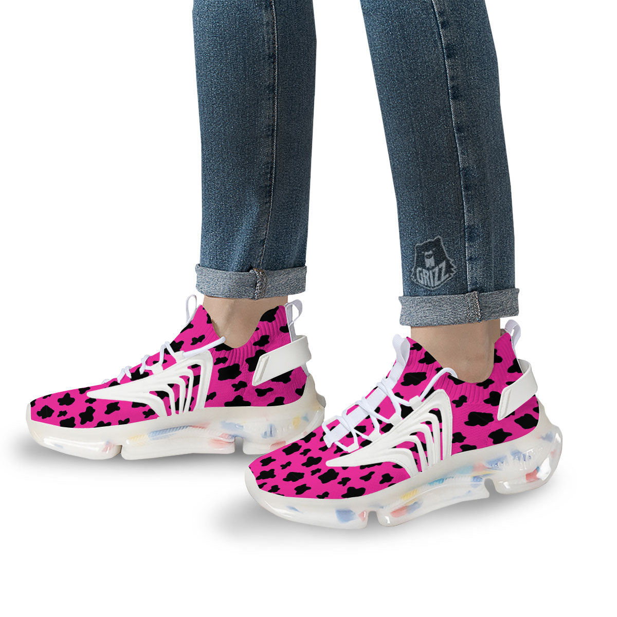 Hot Pink And Black Cow Print White Gym Shoes-grizzshop