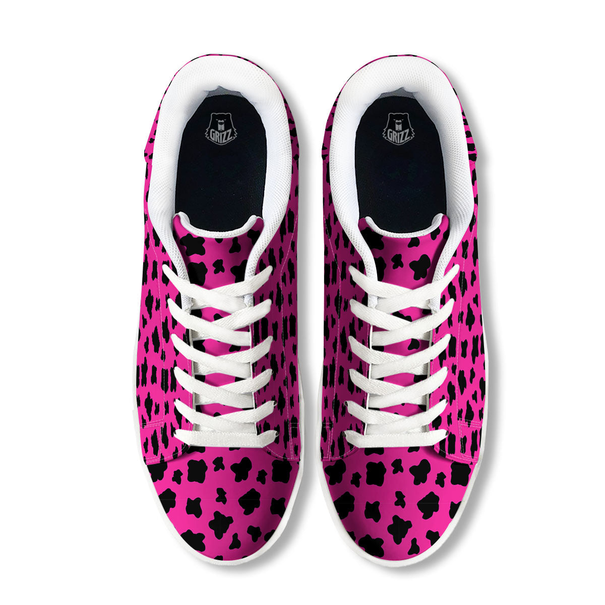 Hot Pink And Black Cow Print White Low Top Sneakers-grizzshop