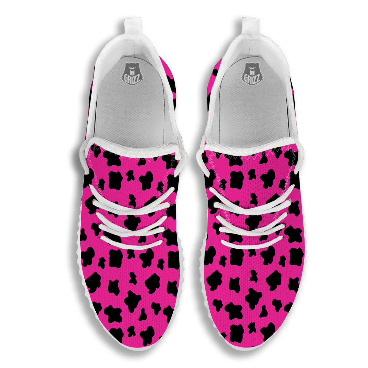 Hot Pink And Black Cow Print White Walking Shoes-grizzshop