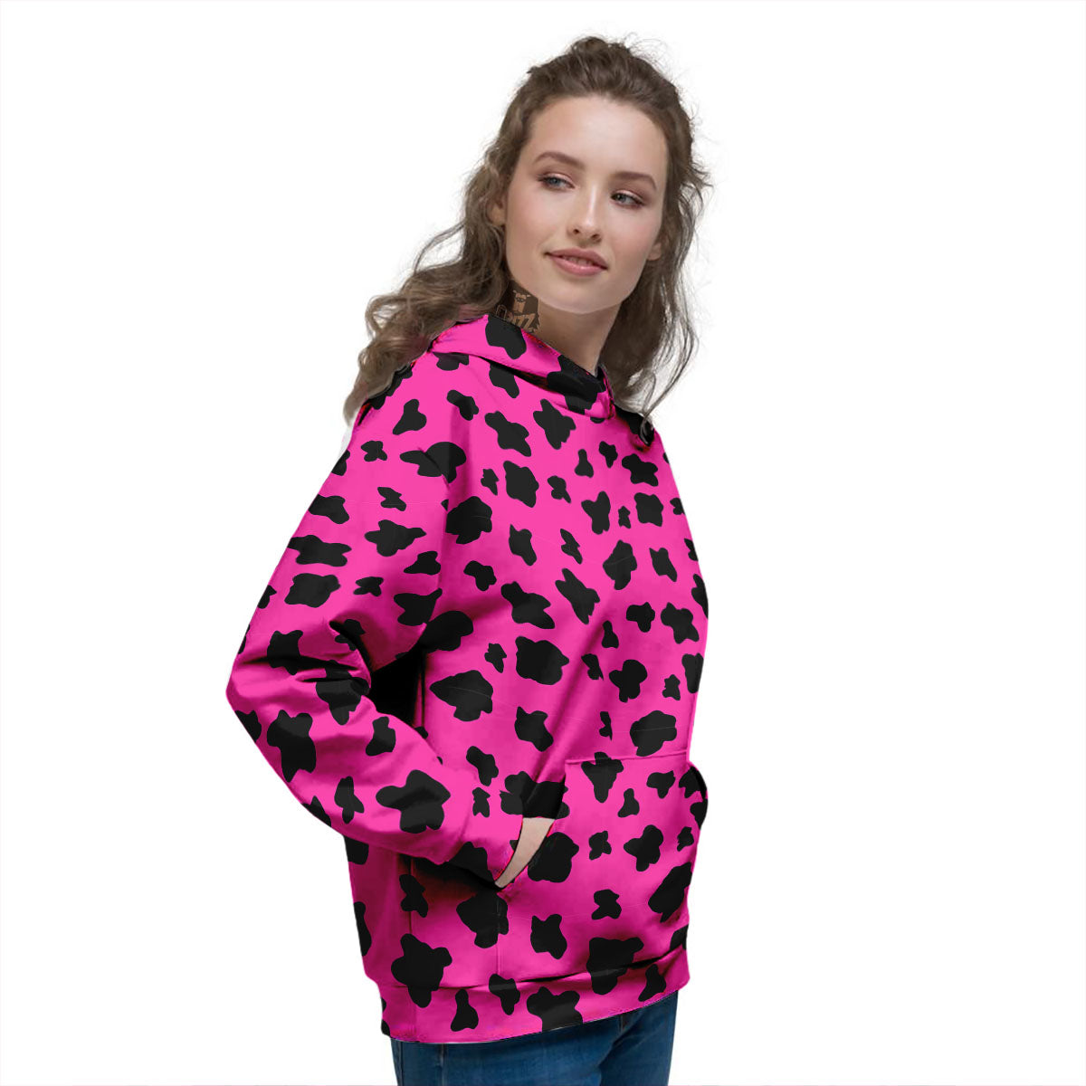 Hot Pink And Black Cow Print Women's Hoodie-grizzshop