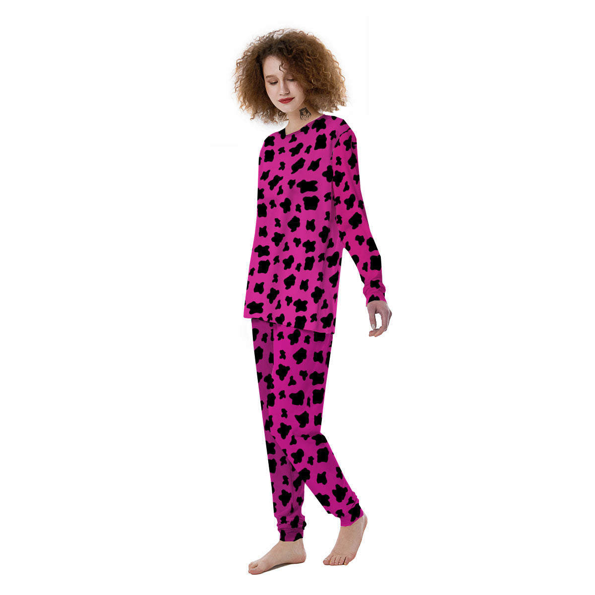 Hot Pink And Black Cow Print Women's Pajamas-grizzshop