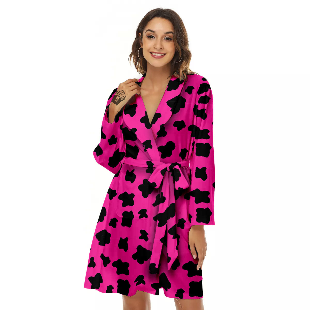 Hot Pink And Black Cow Print Women's Robe-grizzshop
