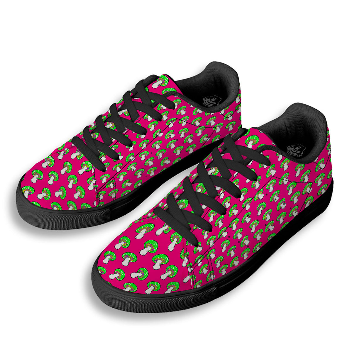 Hot Pink Crazy Mushroom Print Pattern Black Low Top Sneakers-grizzshop