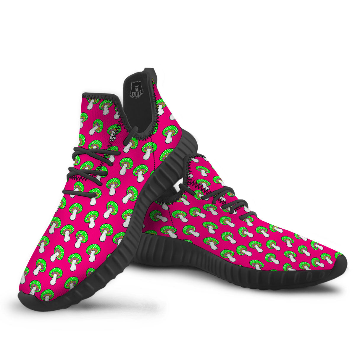 Hot Pink Crazy Mushroom Print Pattern Black Walking Shoes-grizzshop