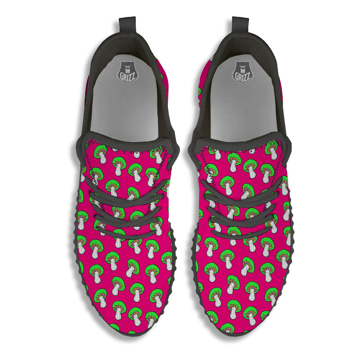 Hot Pink Crazy Mushroom Print Pattern Black Walking Shoes-grizzshop
