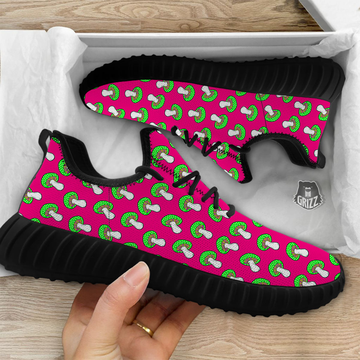 Hot Pink Crazy Mushroom Print Pattern Black Walking Shoes-grizzshop