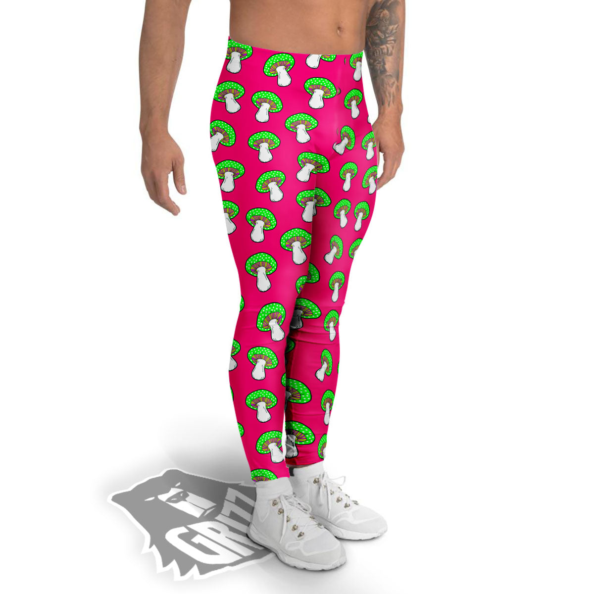 Hot Pink Crazy Mushroom Print Pattern Men's Leggings-grizzshop