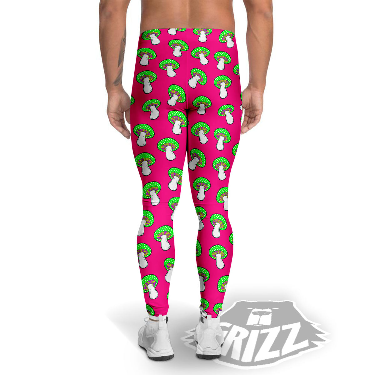 Hot Pink Crazy Mushroom Print Pattern Men's Leggings-grizzshop