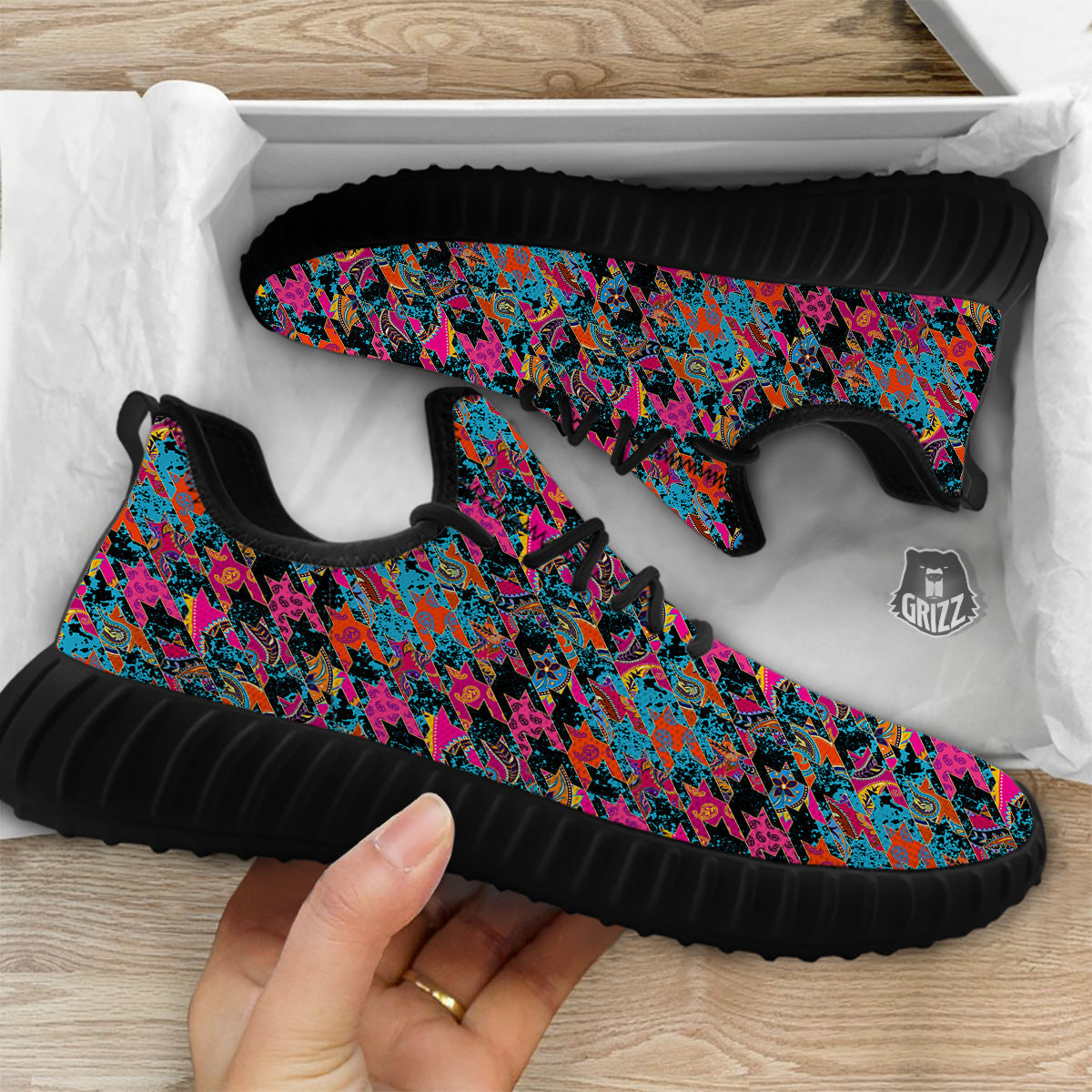 Houndstooth Abstract And Paisley Print Pattern Black Walking Shoes-grizzshop