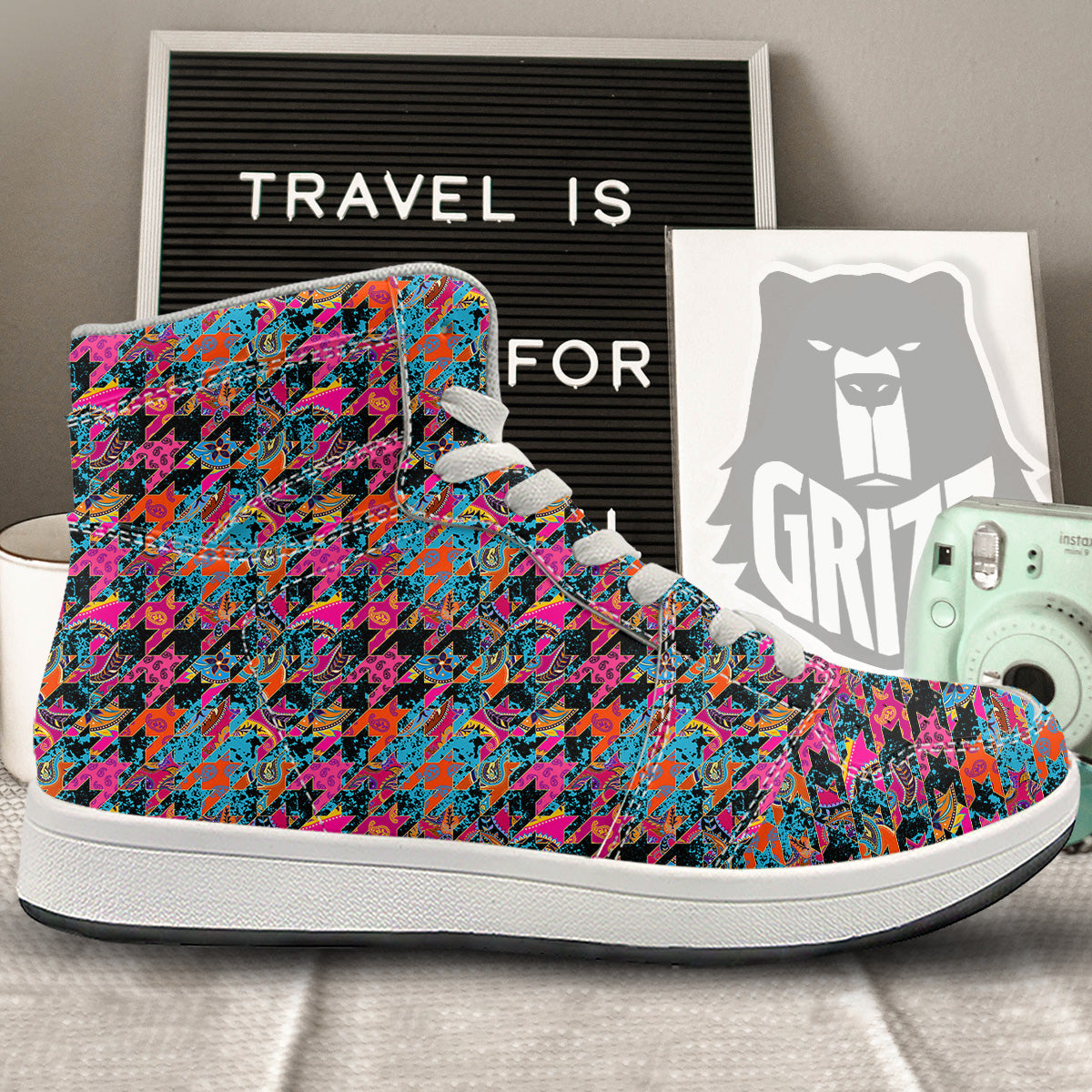 Houndstooth Abstract And Paisley Print Pattern High Top Sneakers-grizzshop