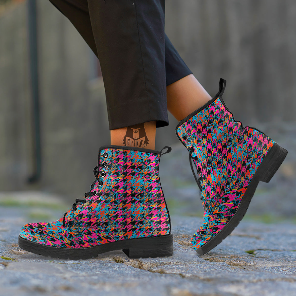 Houndstooth Abstract And Paisley Print Pattern Leather Boots-grizzshop
