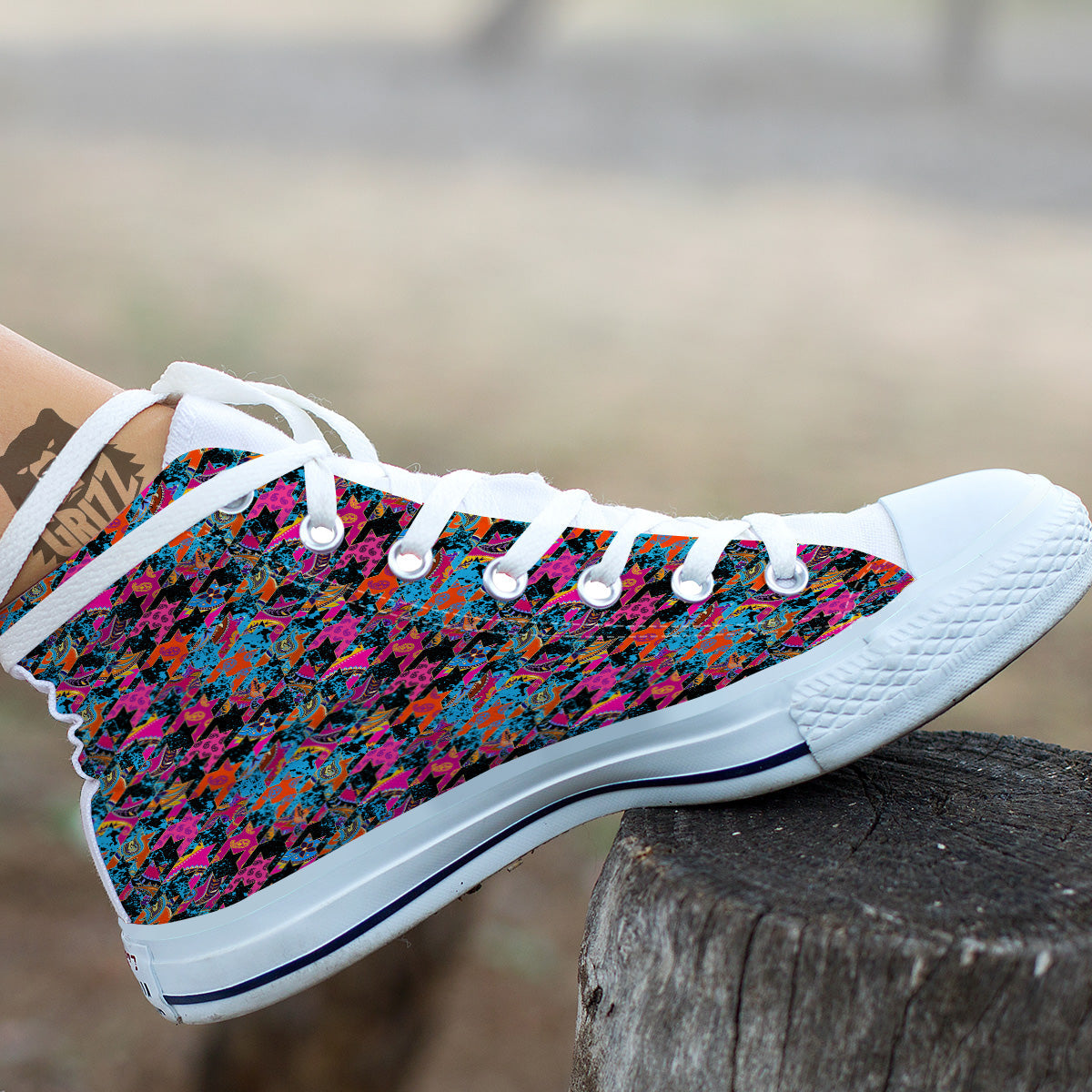 Houndstooth Abstract And Paisley Print Pattern White High Top Shoes-grizzshop