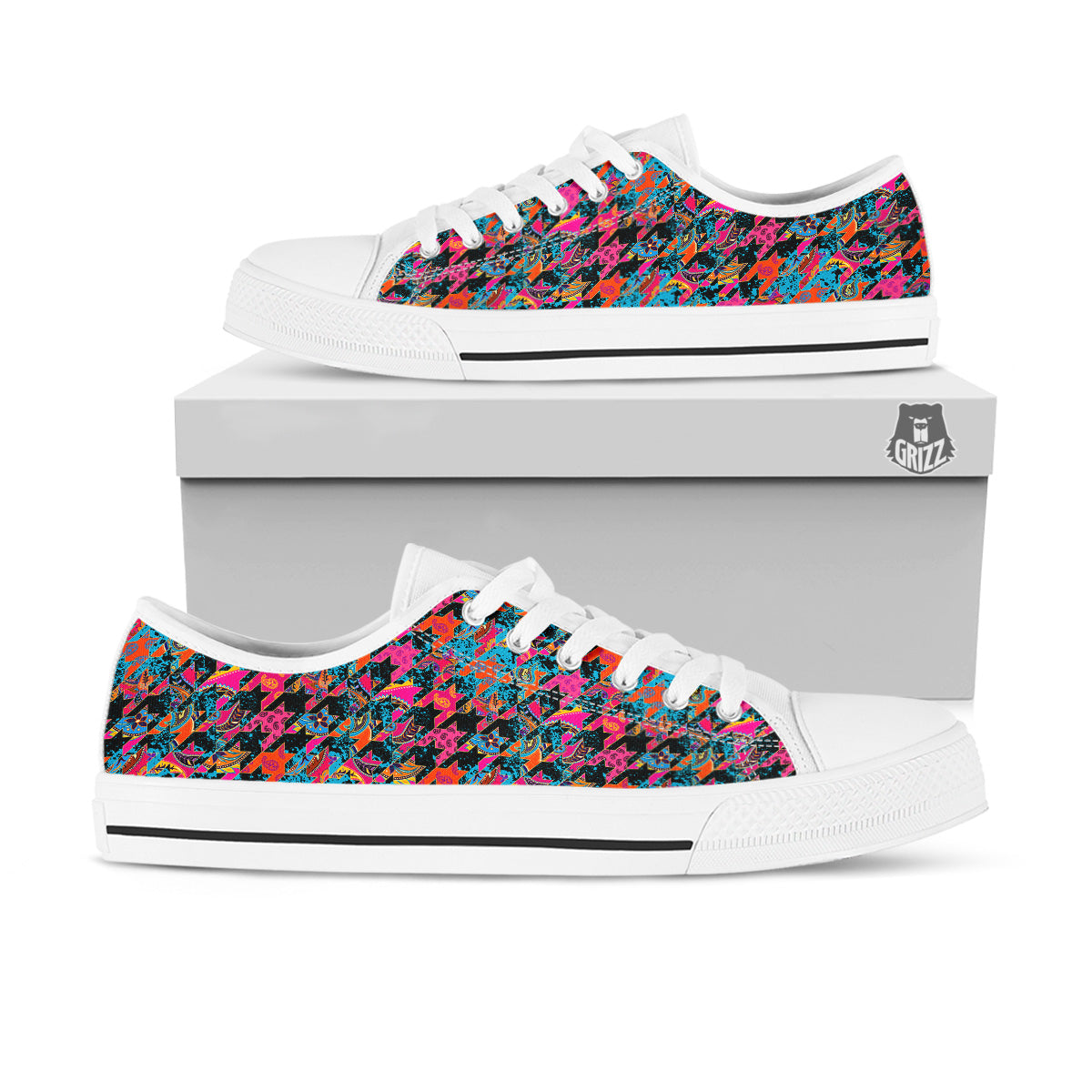 Houndstooth Abstract And Paisley Print Pattern White Low Top Shoes-grizzshop