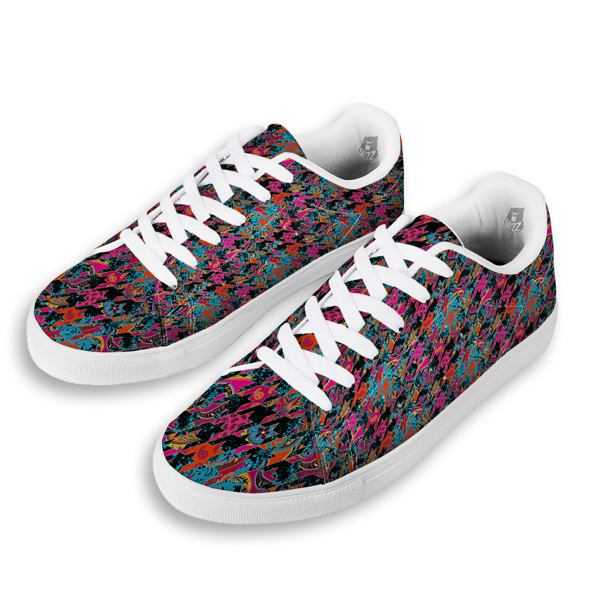 Houndstooth Abstract And Paisley Print Pattern White Low Top Sneakers-grizzshop