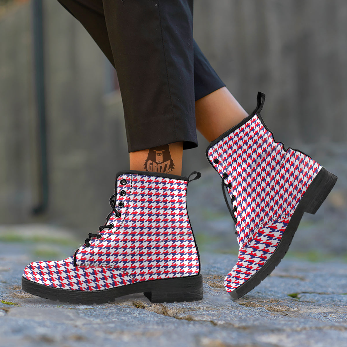 Houndstooth American Print Pattern Leather Boots-grizzshop