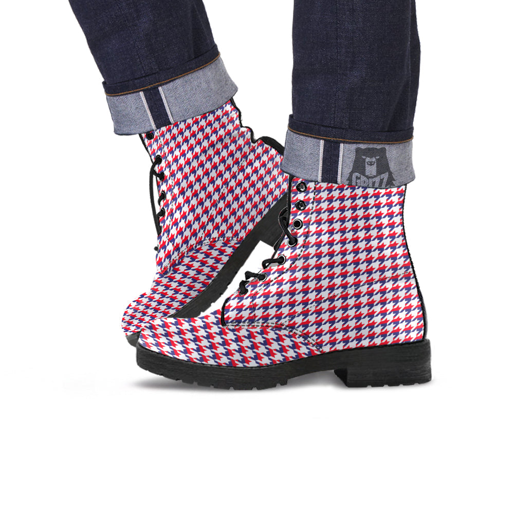 Houndstooth American Print Pattern Leather Boots-grizzshop