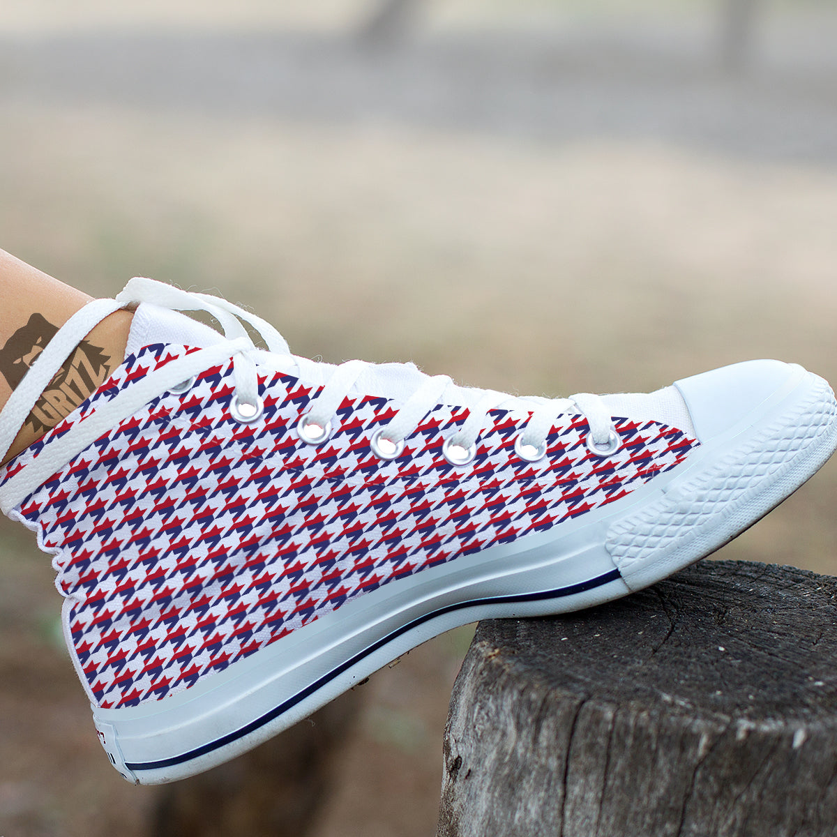 Houndstooth American Print Pattern White High Top Shoes-grizzshop