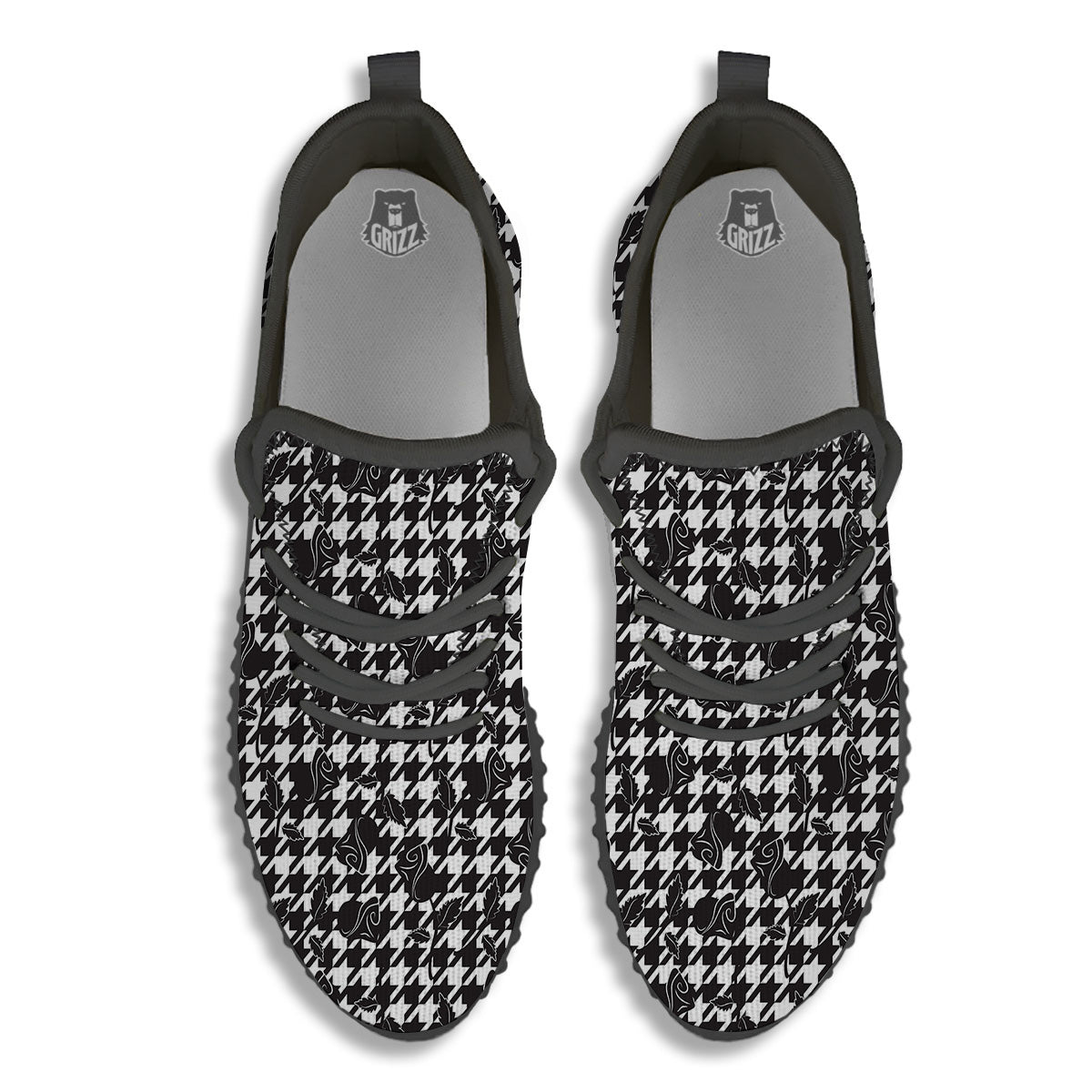 Houndstooth And Black Rose Print Pattern Black Walking Shoes-grizzshop