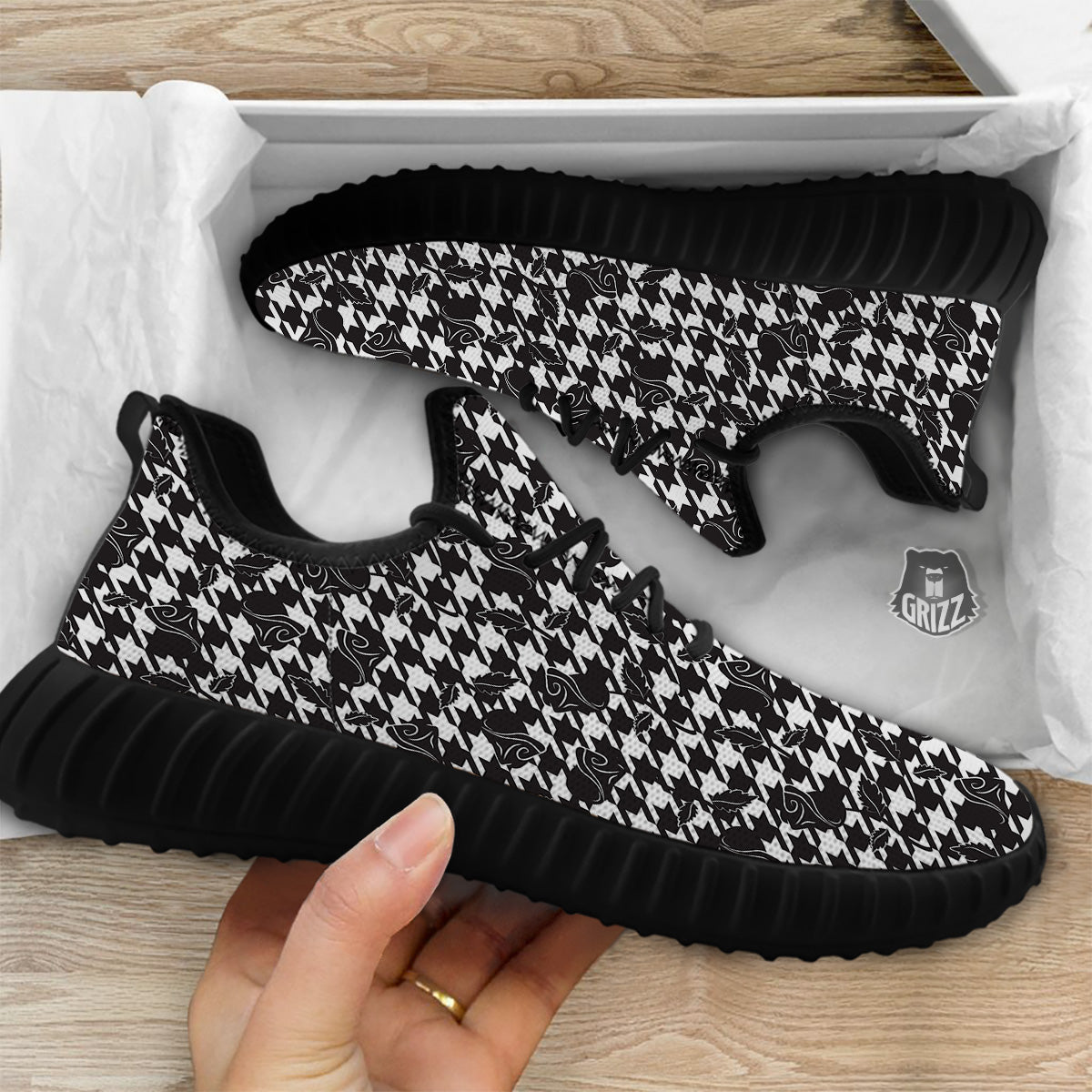 Houndstooth And Black Rose Print Pattern Black Walking Shoes-grizzshop