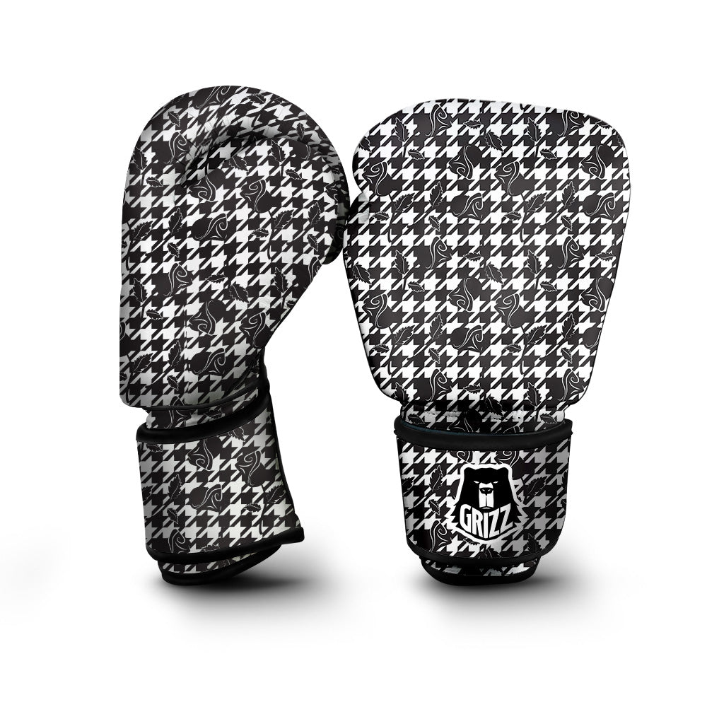 Houndstooth And Black Rose Print Pattern Boxing Gloves-grizzshop