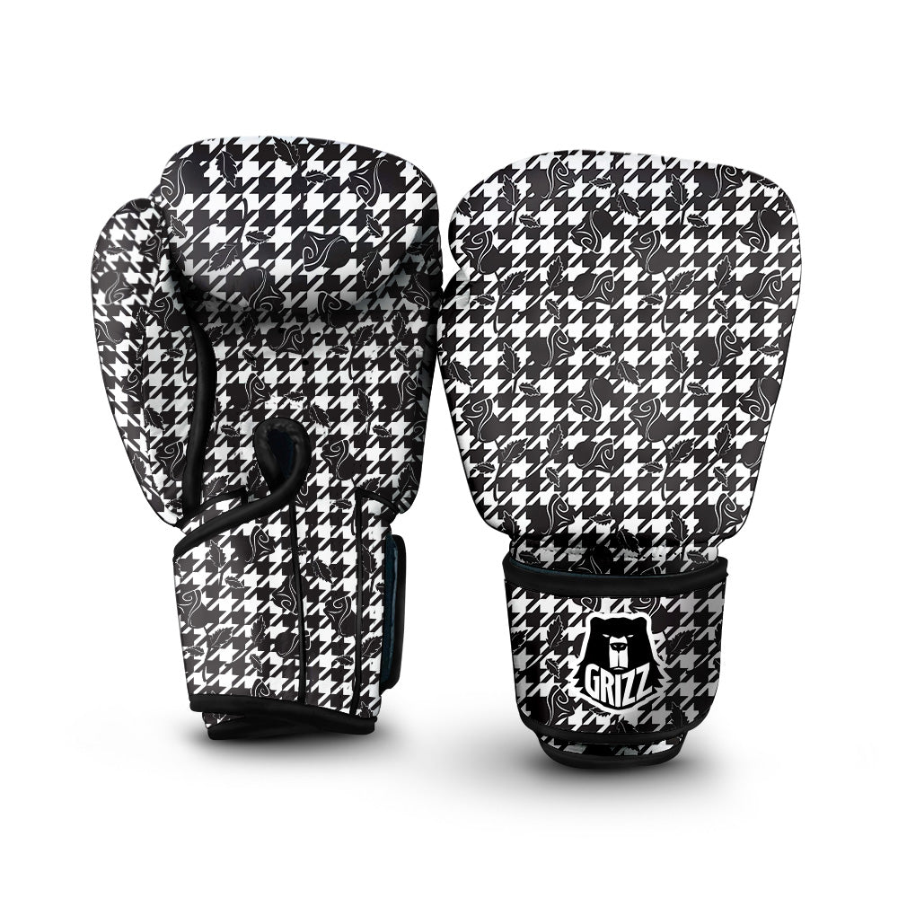 Houndstooth And Black Rose Print Pattern Boxing Gloves-grizzshop