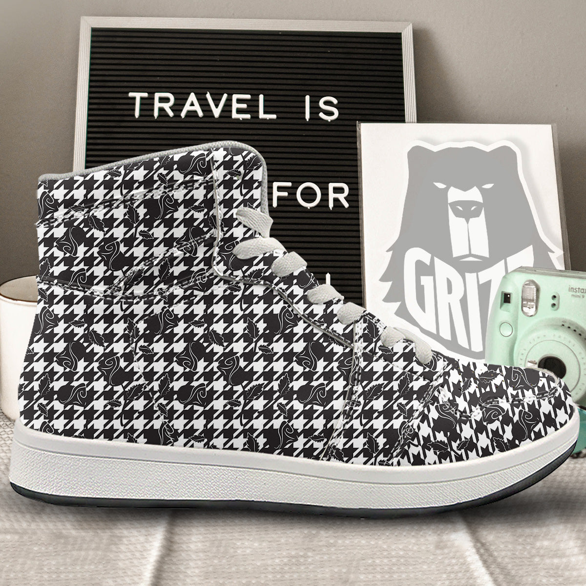 Houndstooth And Black Rose Print Pattern High Top Sneakers-grizzshop