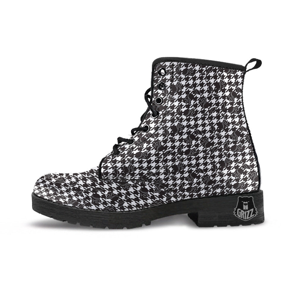 Houndstooth And Black Rose Print Pattern Leather Boots-grizzshop
