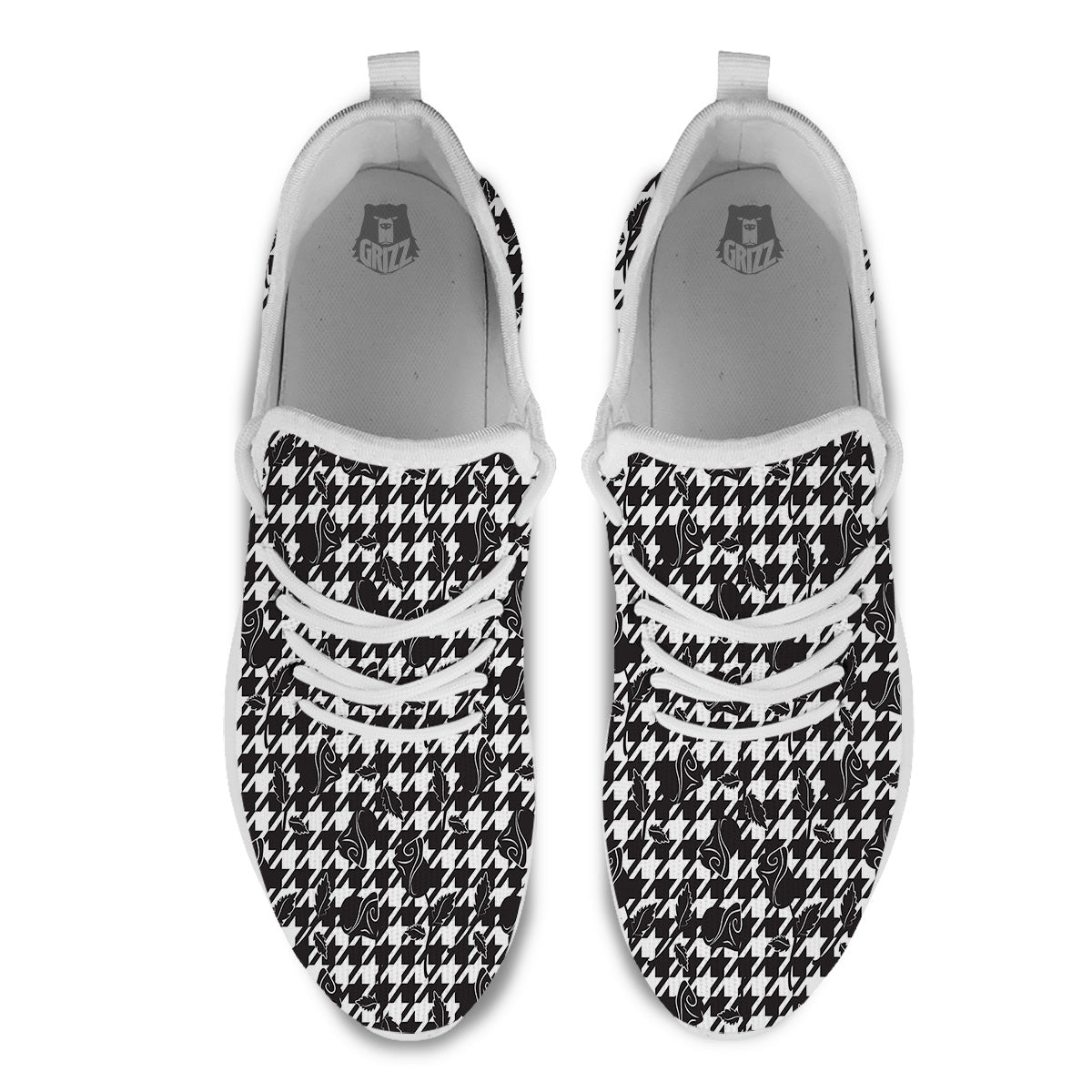 Houndstooth And Black Rose Print Pattern White Athletic Shoes-grizzshop
