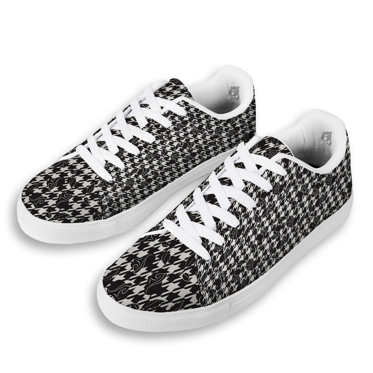 Houndstooth And Black Rose Print Pattern White Low Top Sneakers-grizzshop