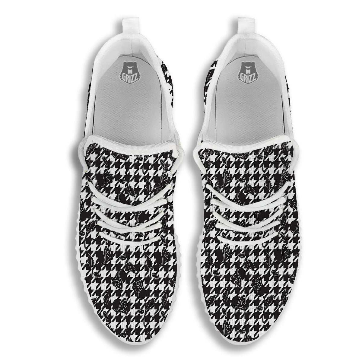 Houndstooth And Black Rose Print Pattern White Walking Shoes-grizzshop
