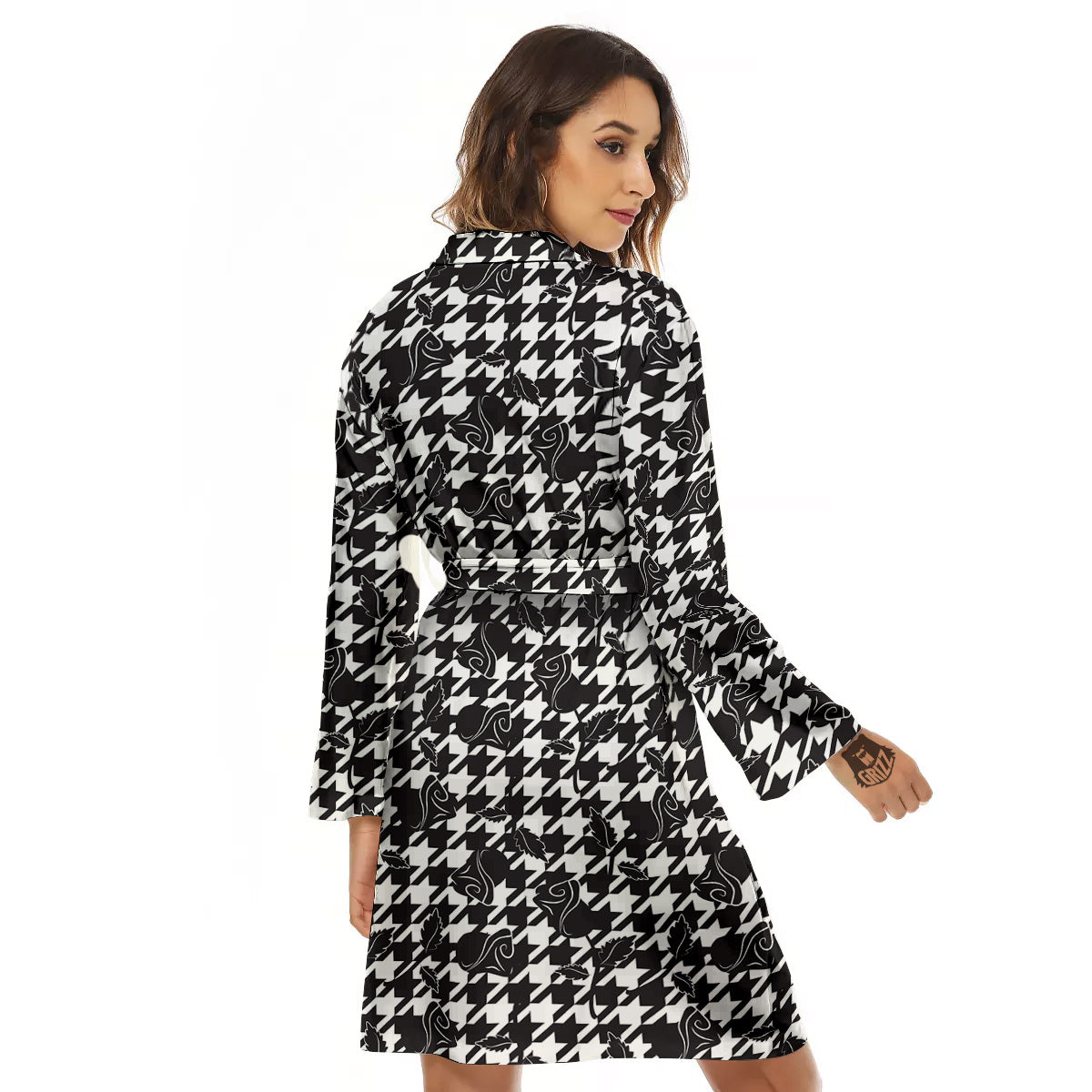 Houndstooth And Black Rose Print Pattern Women's Robe-grizzshop