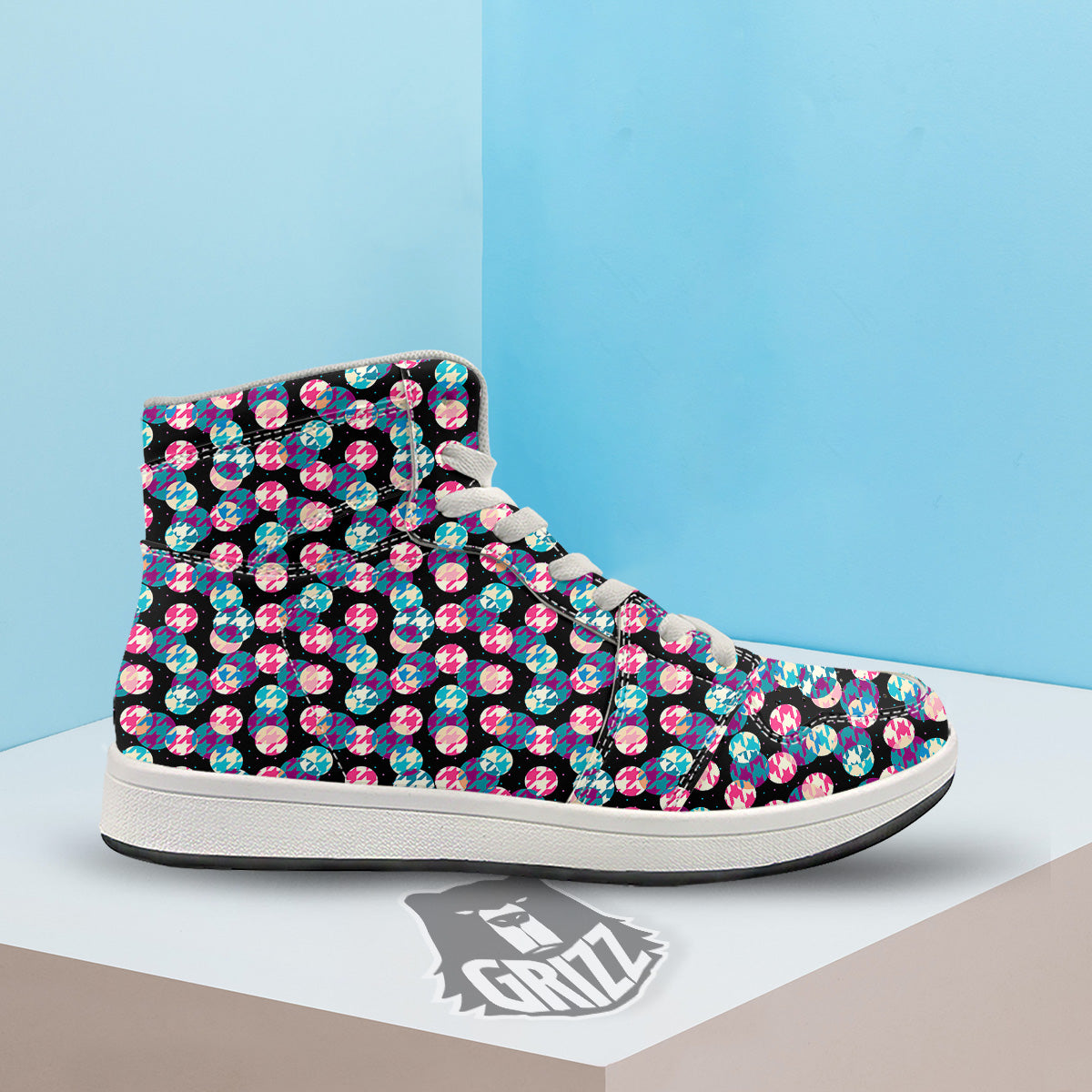 Houndstooth And Classic Polka Dot Print Pattern High Top Sneakers-grizzshop