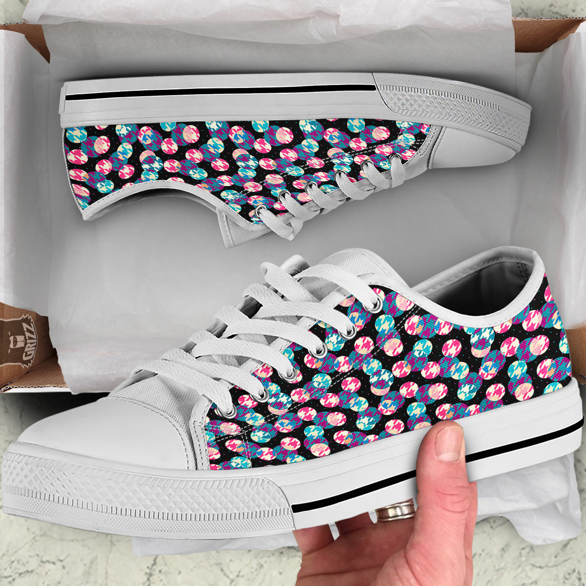 Houndstooth And Classic Polka Dot Print Pattern White Low Top Shoes-grizzshop