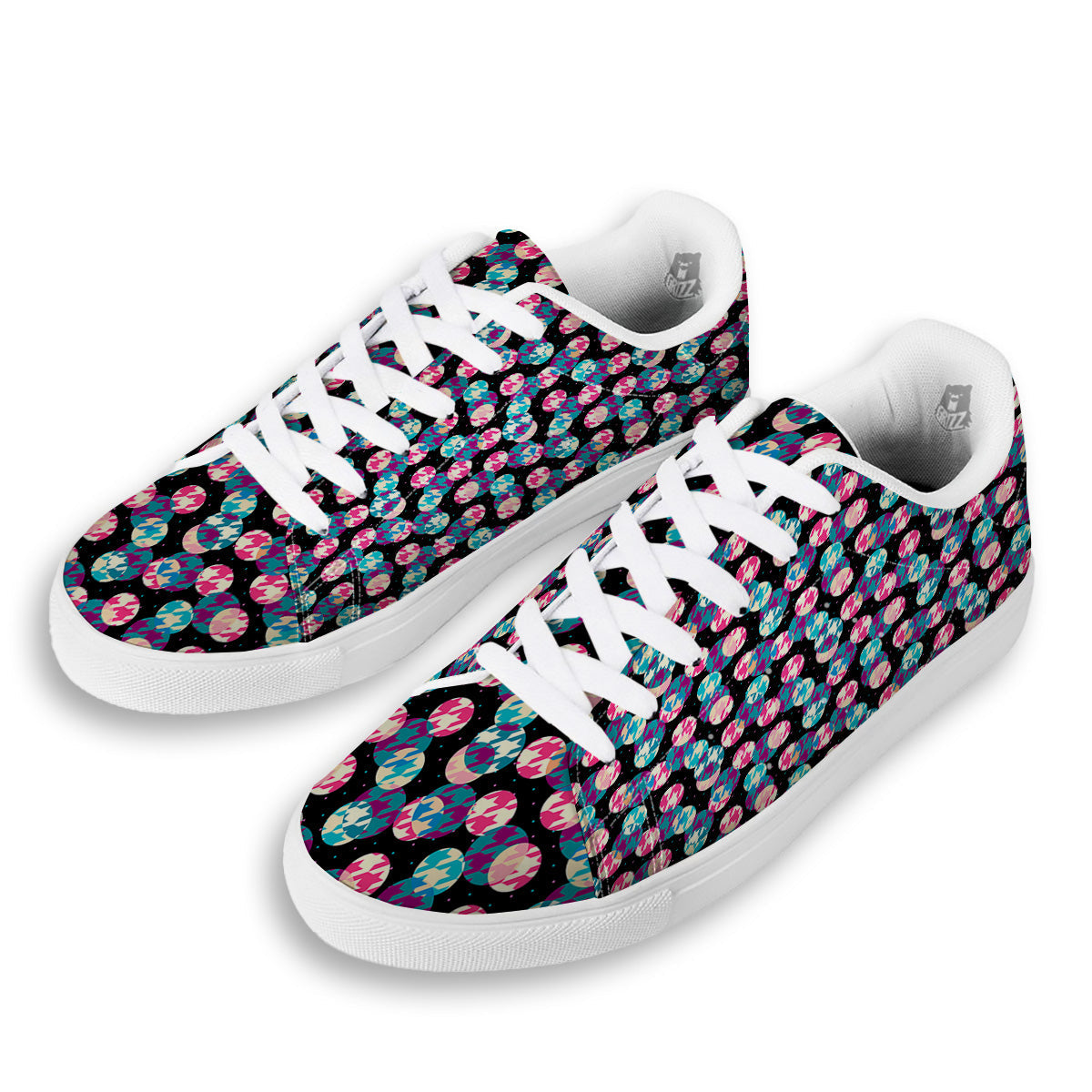 Houndstooth And Classic Polka Dot Print Pattern White Low Top Sneakers-grizzshop