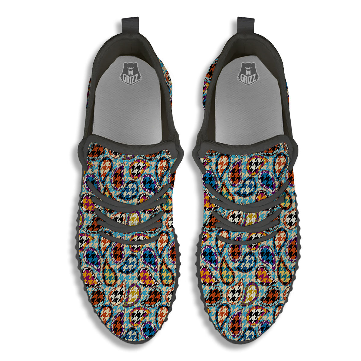 Houndstooth And Paisley Print Pattern Black Walking Shoes-grizzshop
