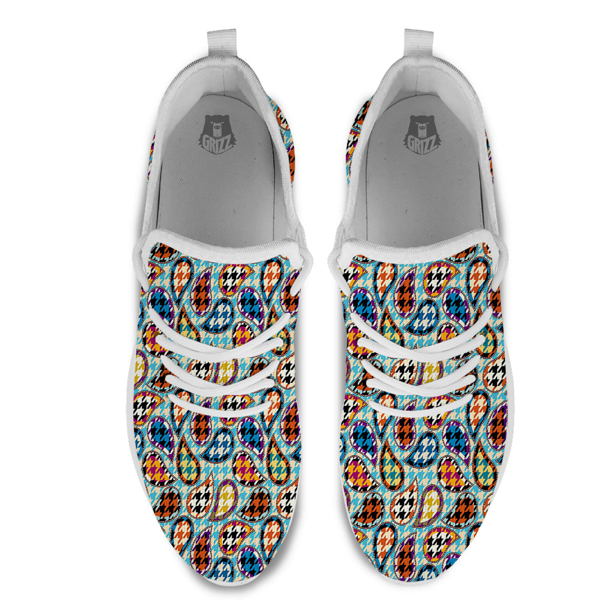 Houndstooth And Paisley Print Pattern White Athletic Shoes-grizzshop