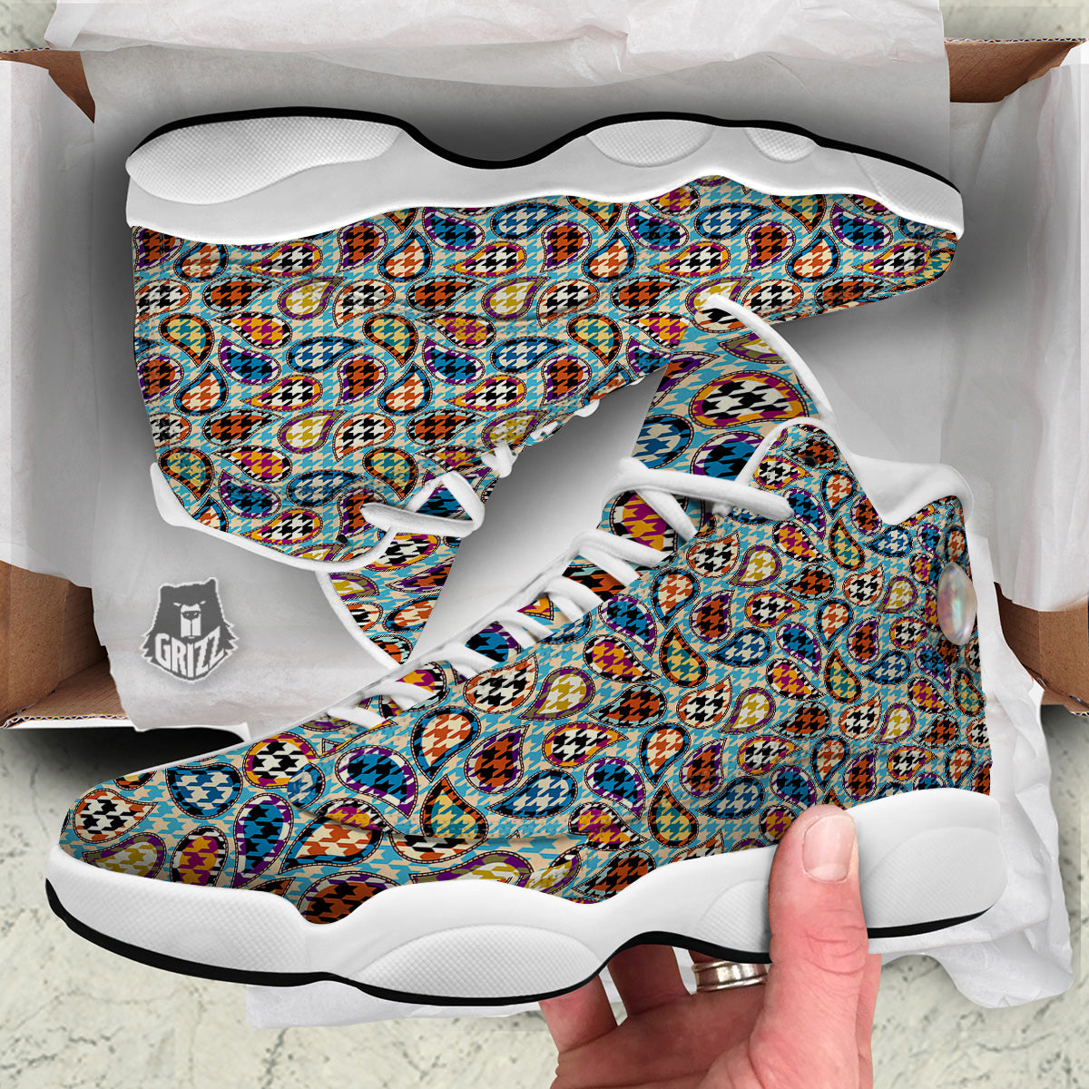 Houndstooth And Paisley Print Pattern White Basketball Shoes-grizzshop