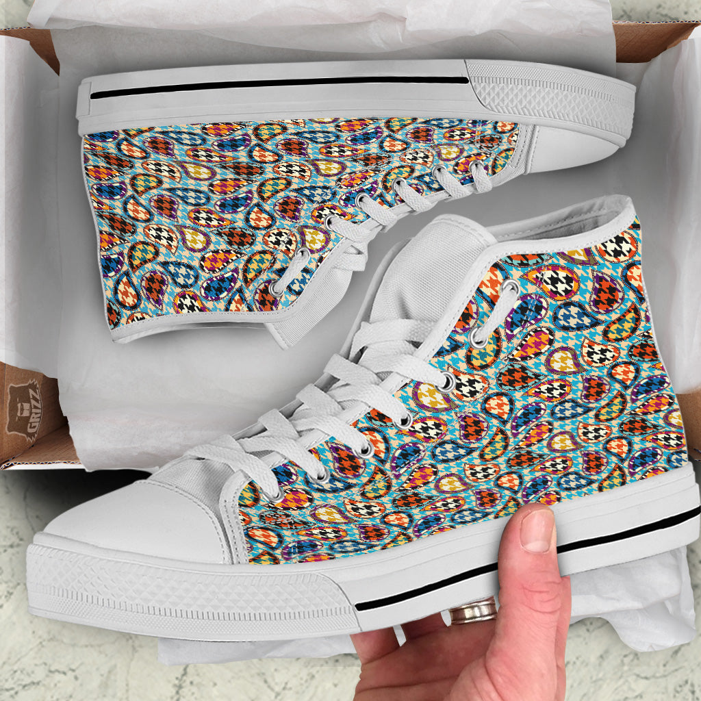 Houndstooth And Paisley Print Pattern White High Top Shoes-grizzshop