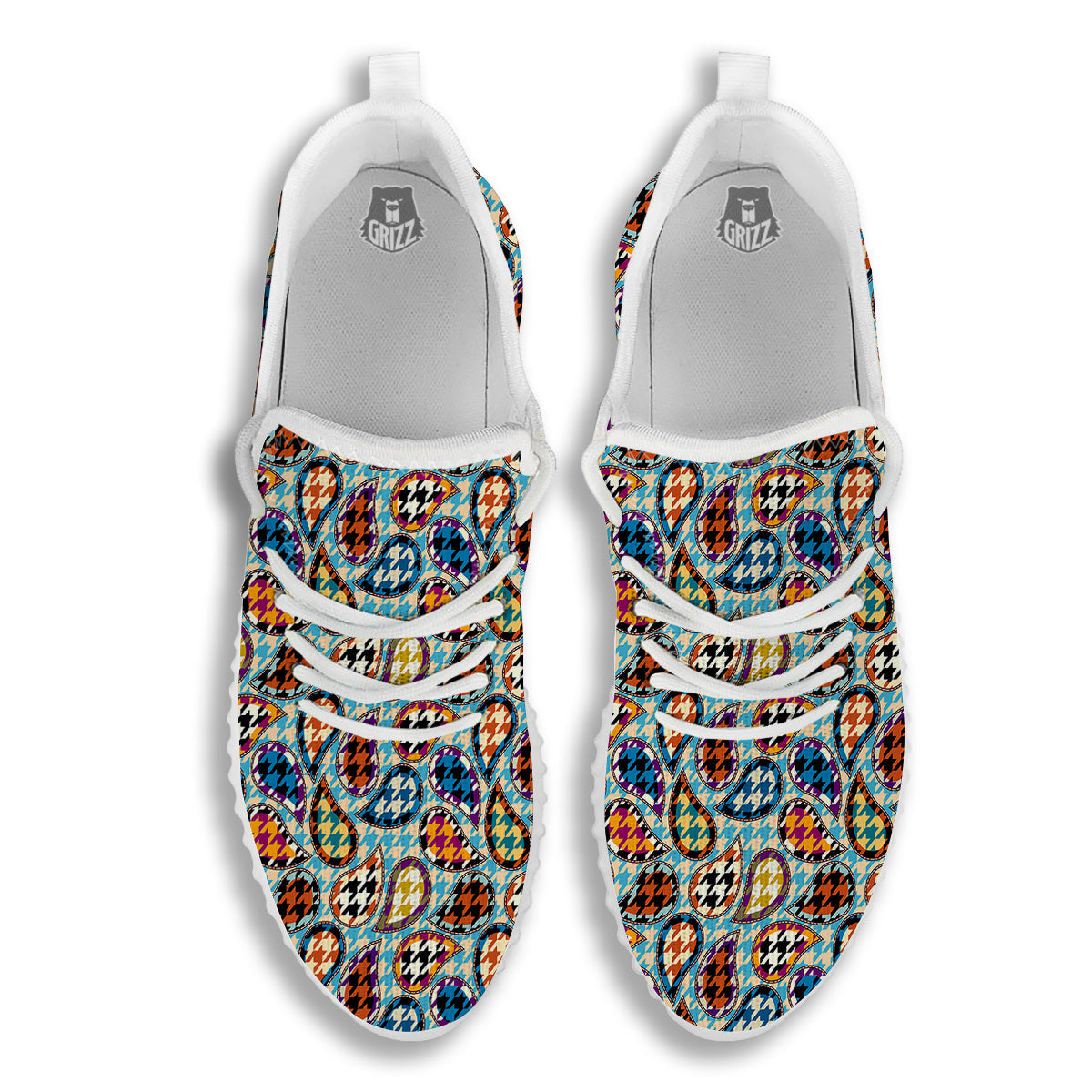 Houndstooth And Paisley Print Pattern White Walking Shoes-grizzshop