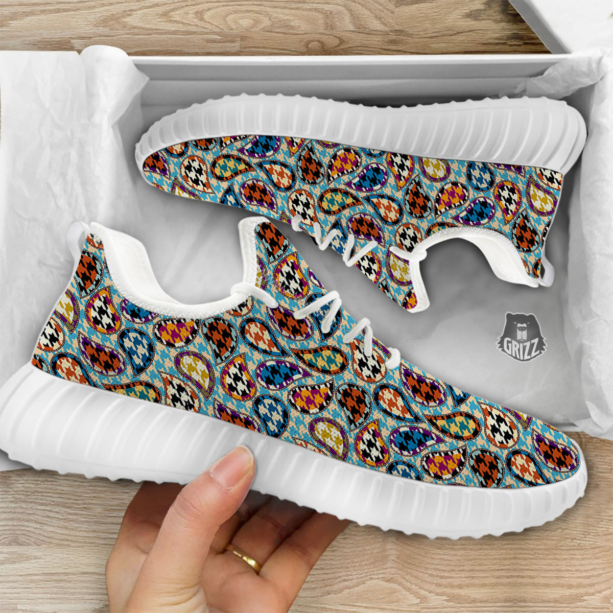 Houndstooth And Paisley Print Pattern White Walking Shoes-grizzshop