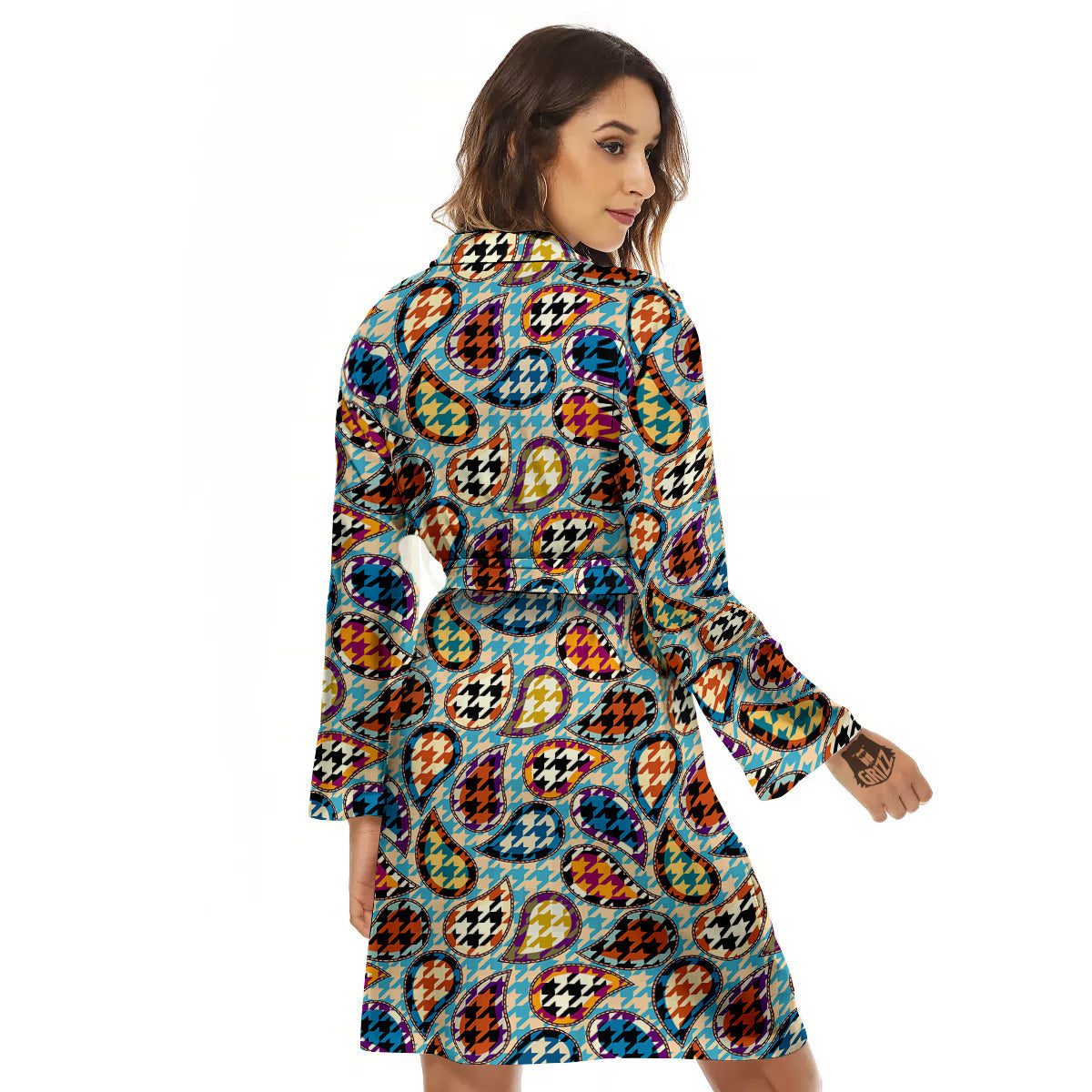 Houndstooth And Paisley Print Pattern Women's Robe-grizzshop