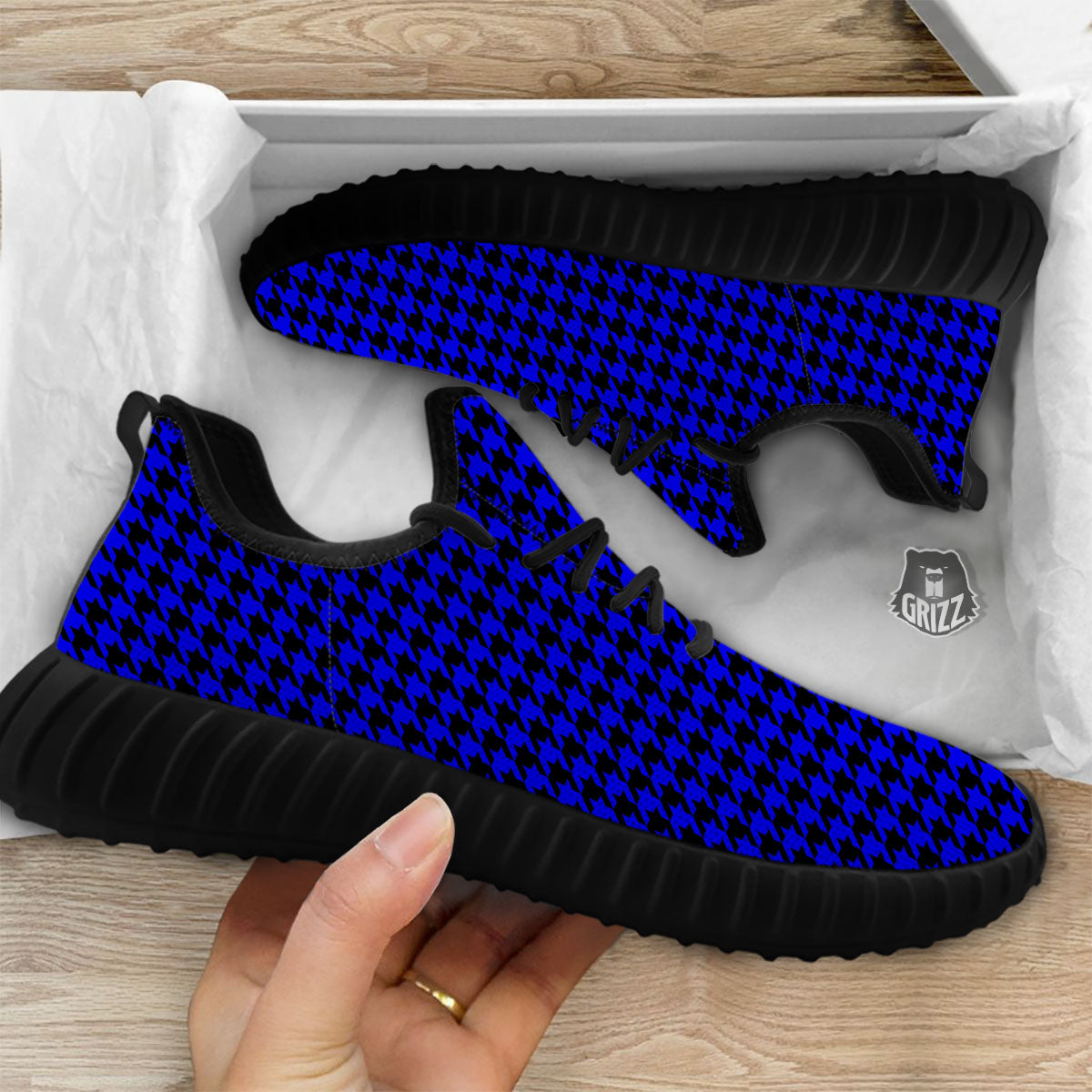 Houndstooth Black And Blue Print Pattern Black Walking Shoes-grizzshop