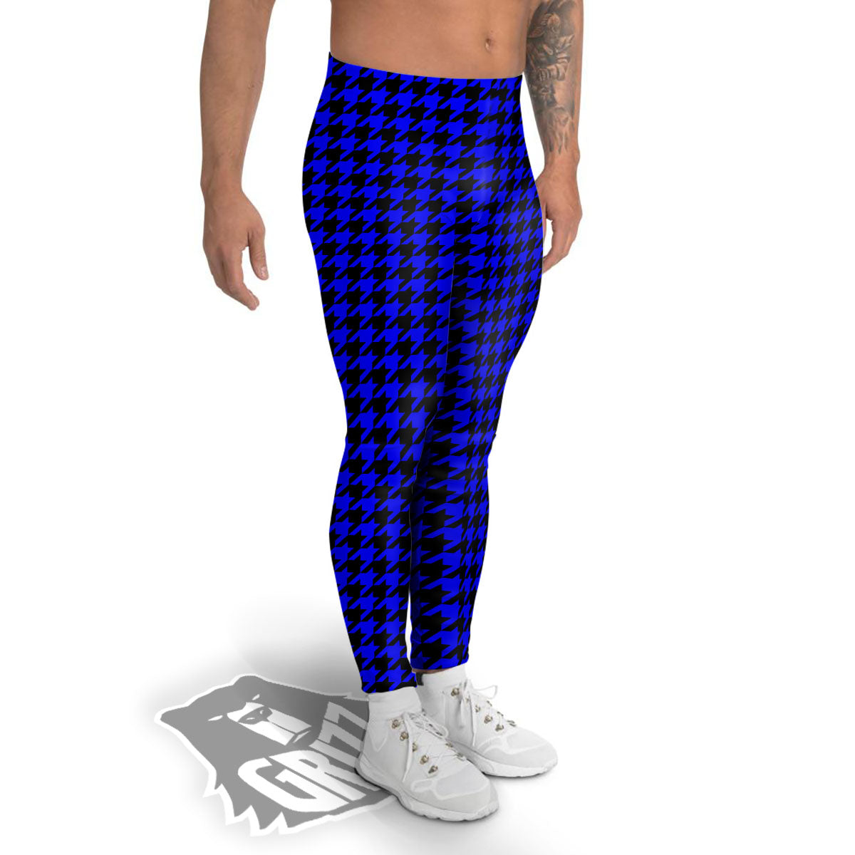 Houndstooth Black And Blue Print Pattern Men's Leggings-grizzshop