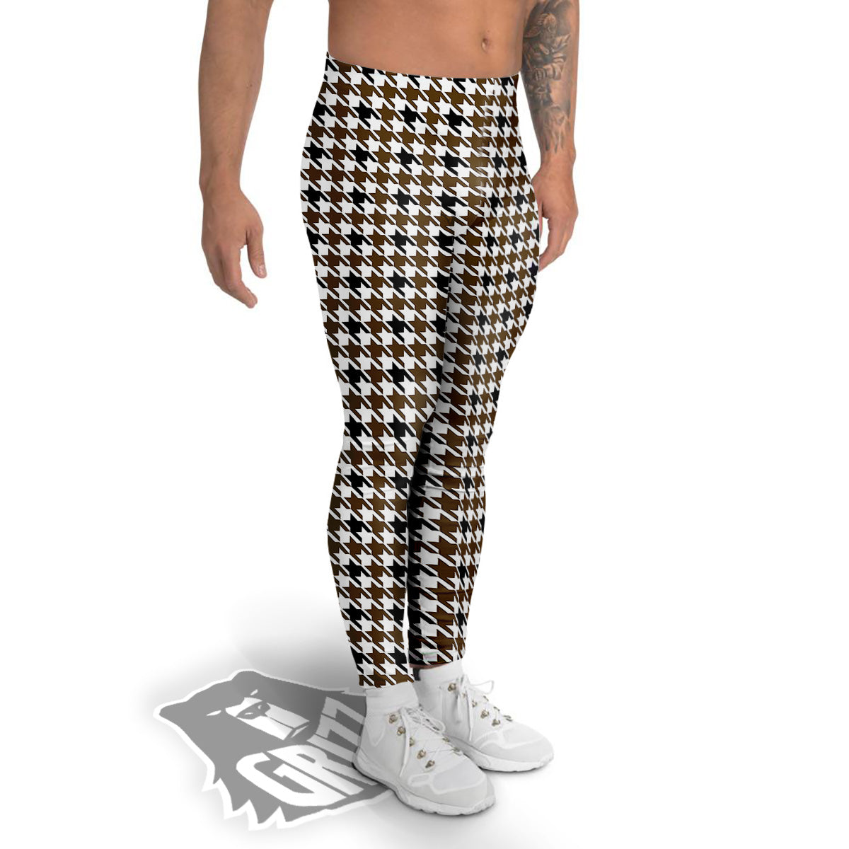 Houndstooth Black And Brown Print Men's Leggings-grizzshop
