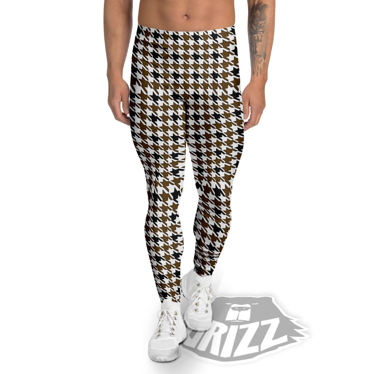 Houndstooth Black And Brown Print Men's Leggings-grizzshop