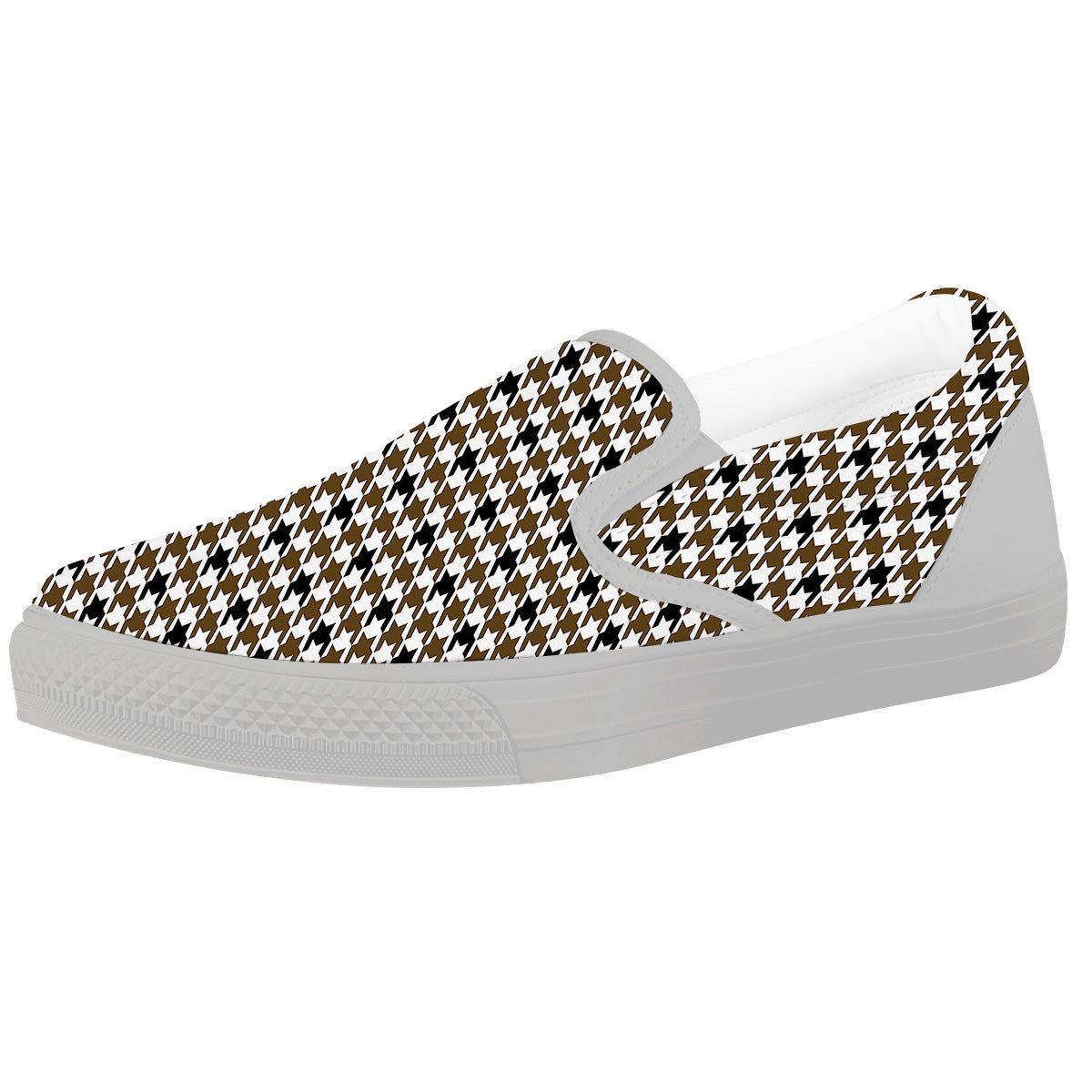 Houndstooth Black And Brown Print White Slip On Shoes-grizzshop