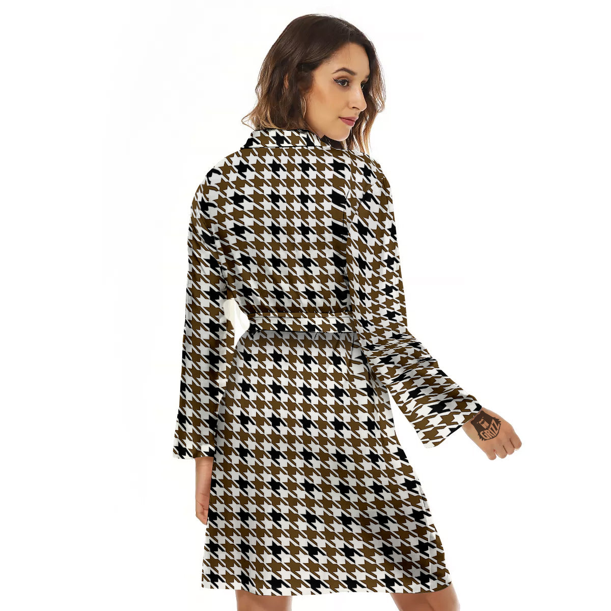 Houndstooth Black And Brown Print Women's Robe-grizzshop